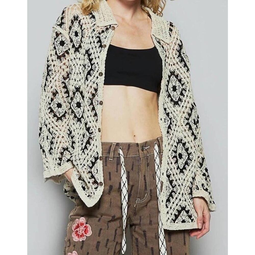 POL Crochet Accent Oversized Long Sleeve Top Size OS